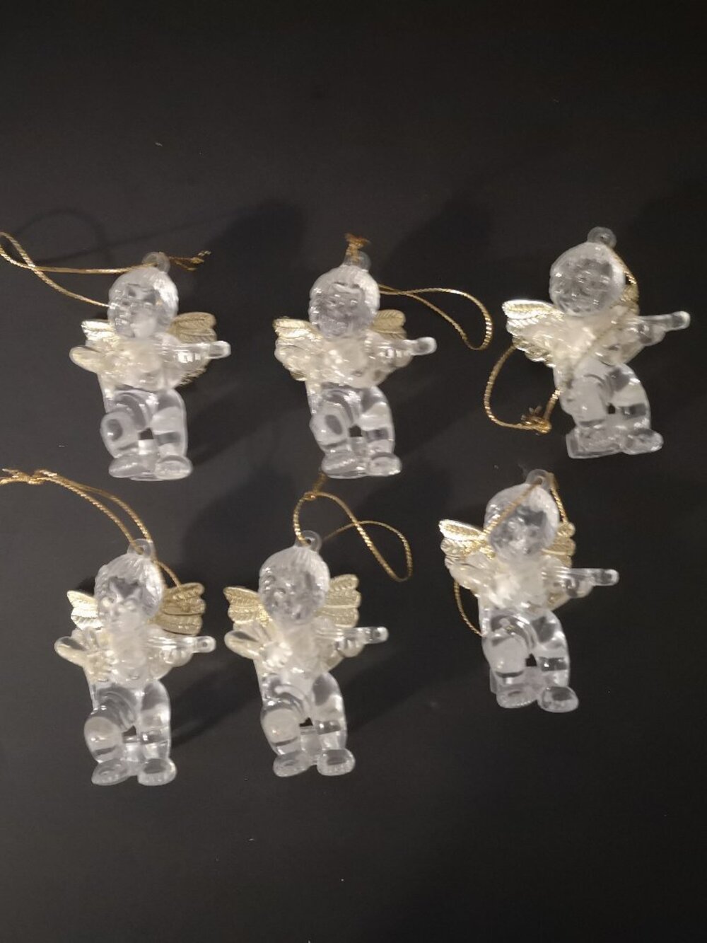 Vintage Set of 6 Clear Acrylic Cherubs / Angel Light Reflectors Gold Tone Wings